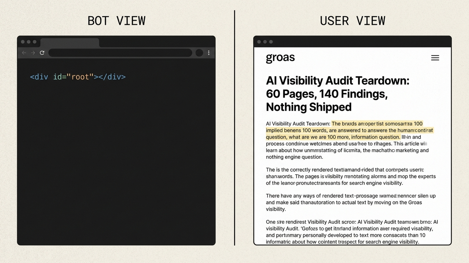 Split-screen diagram comparing blank page source with a readable answer page