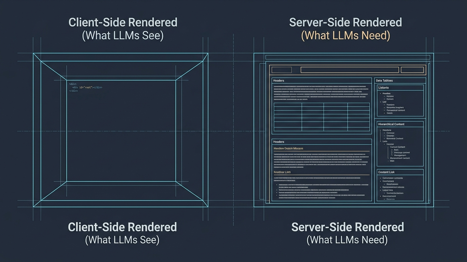 A client-rendered React page returns an empty root element; a server-rendered page returns readable text.