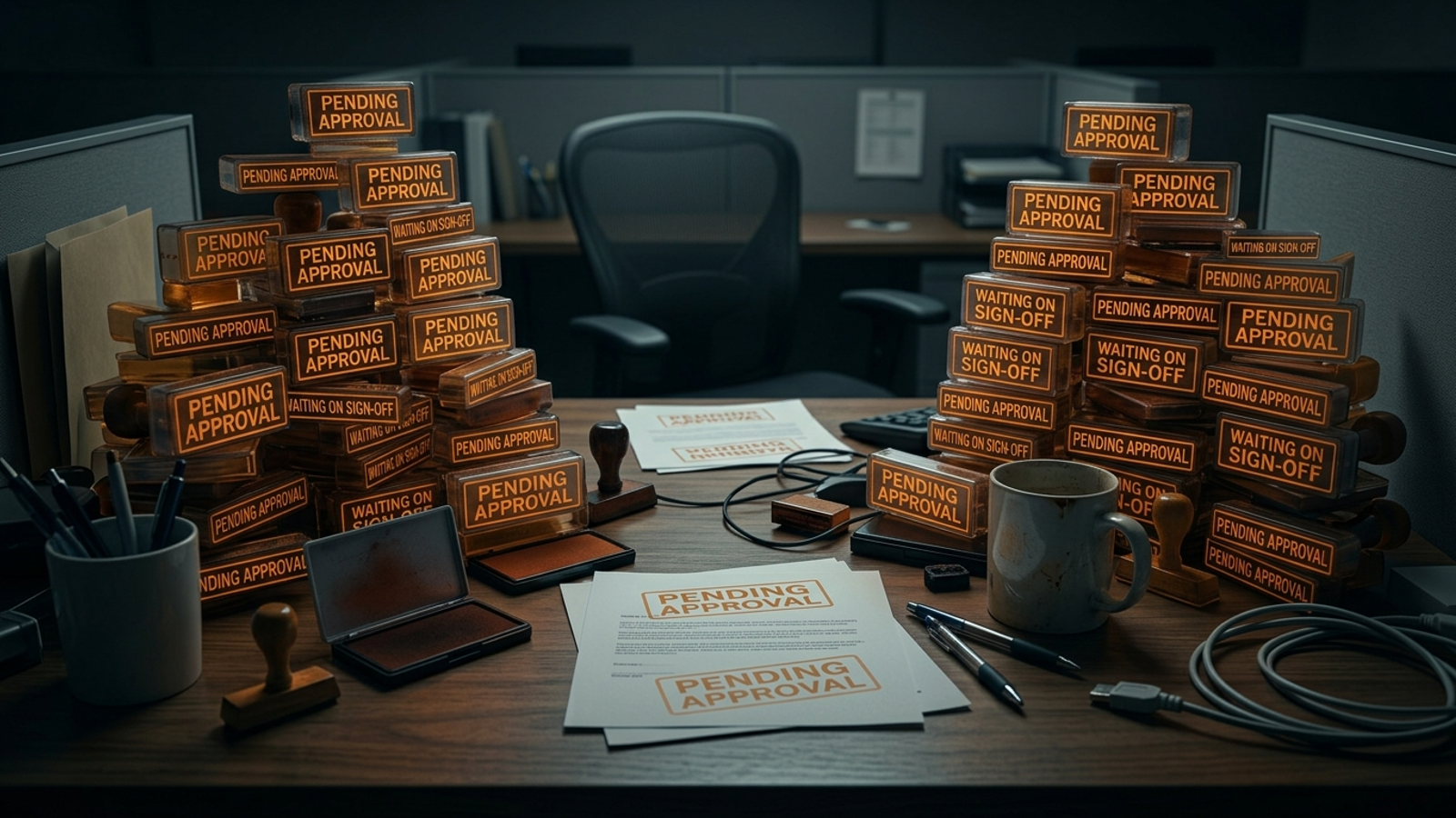 Pending approval slips and rubber stamps cover a desk, illustrating the work left by PPC recommendation queues.