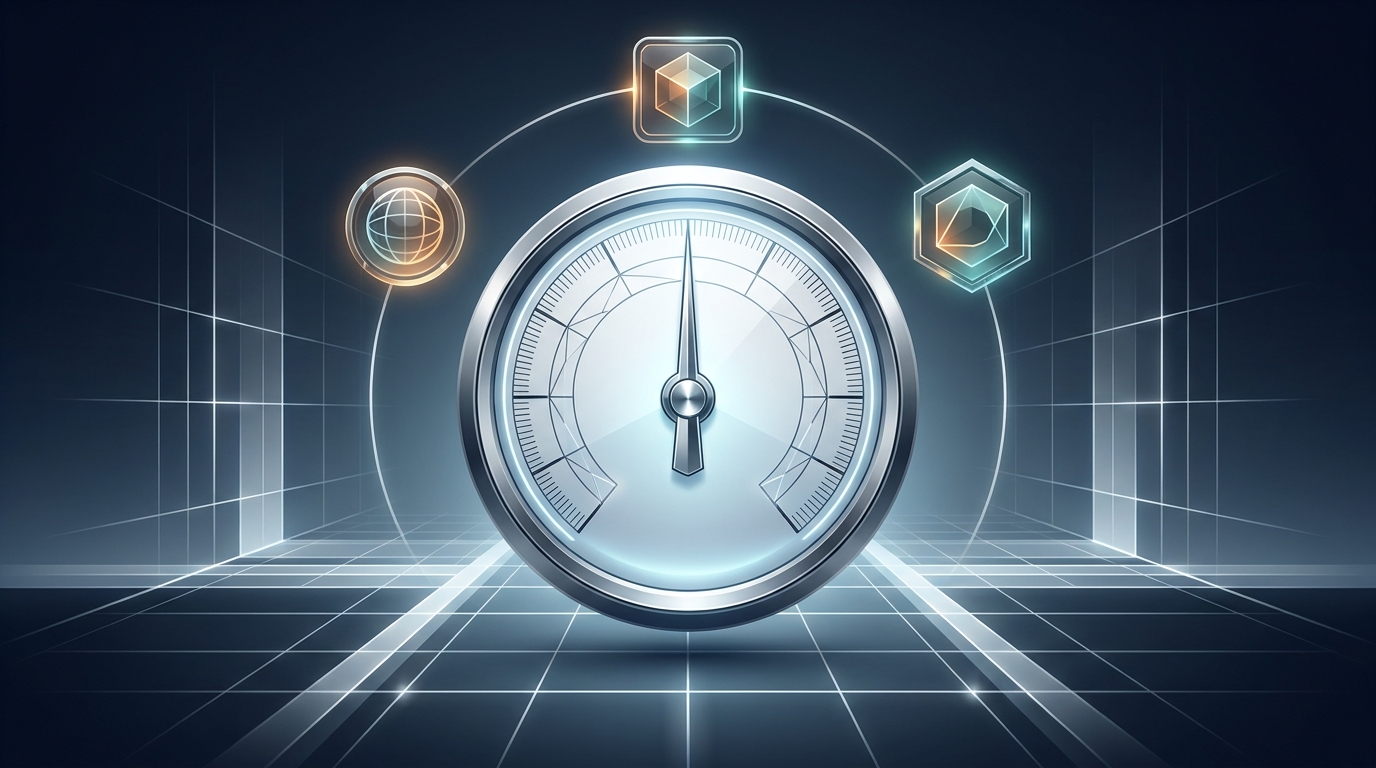 A precision calibration dial rising through a clean gradient background, symbolizing the optimization and scoring of Google Ads Quality Score components.