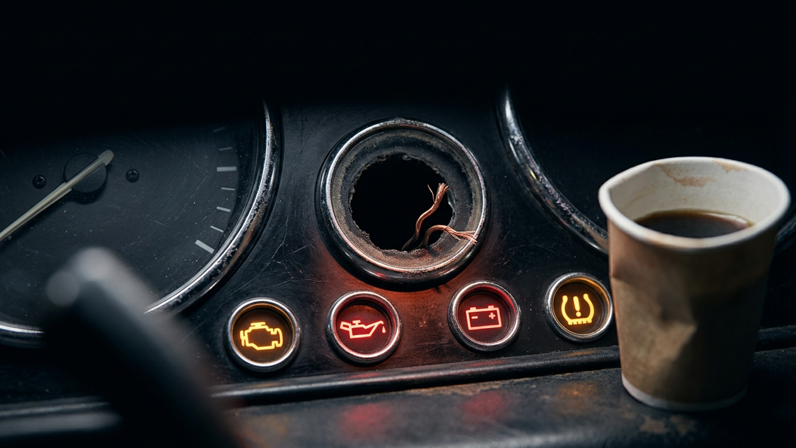 A car dashboard at night with every warning lamp glowing except one empty socket with cut wires: a failure that has no light to warn you.