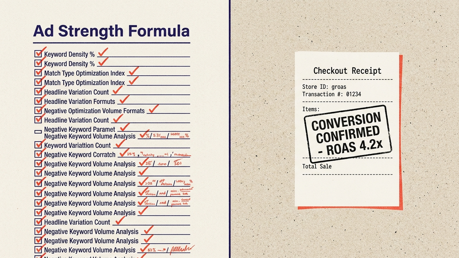 A risograph diagram contrasting an overloaded ad checklist with a simple receipt showing strong ROAS.