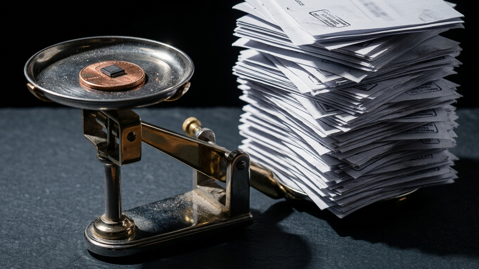 Still life of a balance scale with SaaS invoices on one side and a penny and microchip on the other.