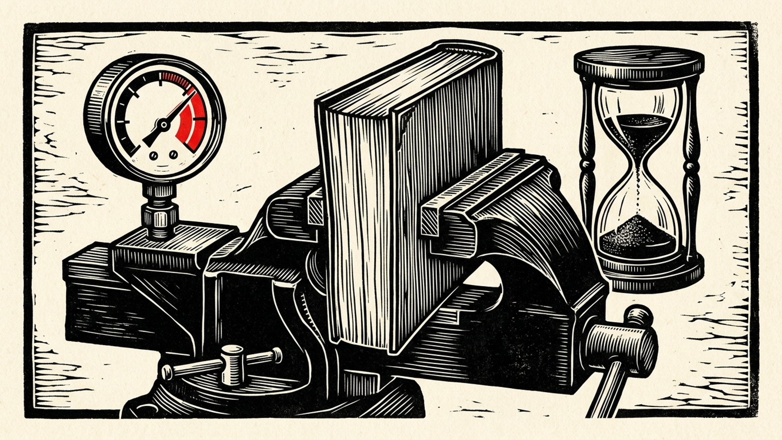 Linocut print of an agency ledger squeezed between a metered dial and an hourglass in a heavy bench vise.