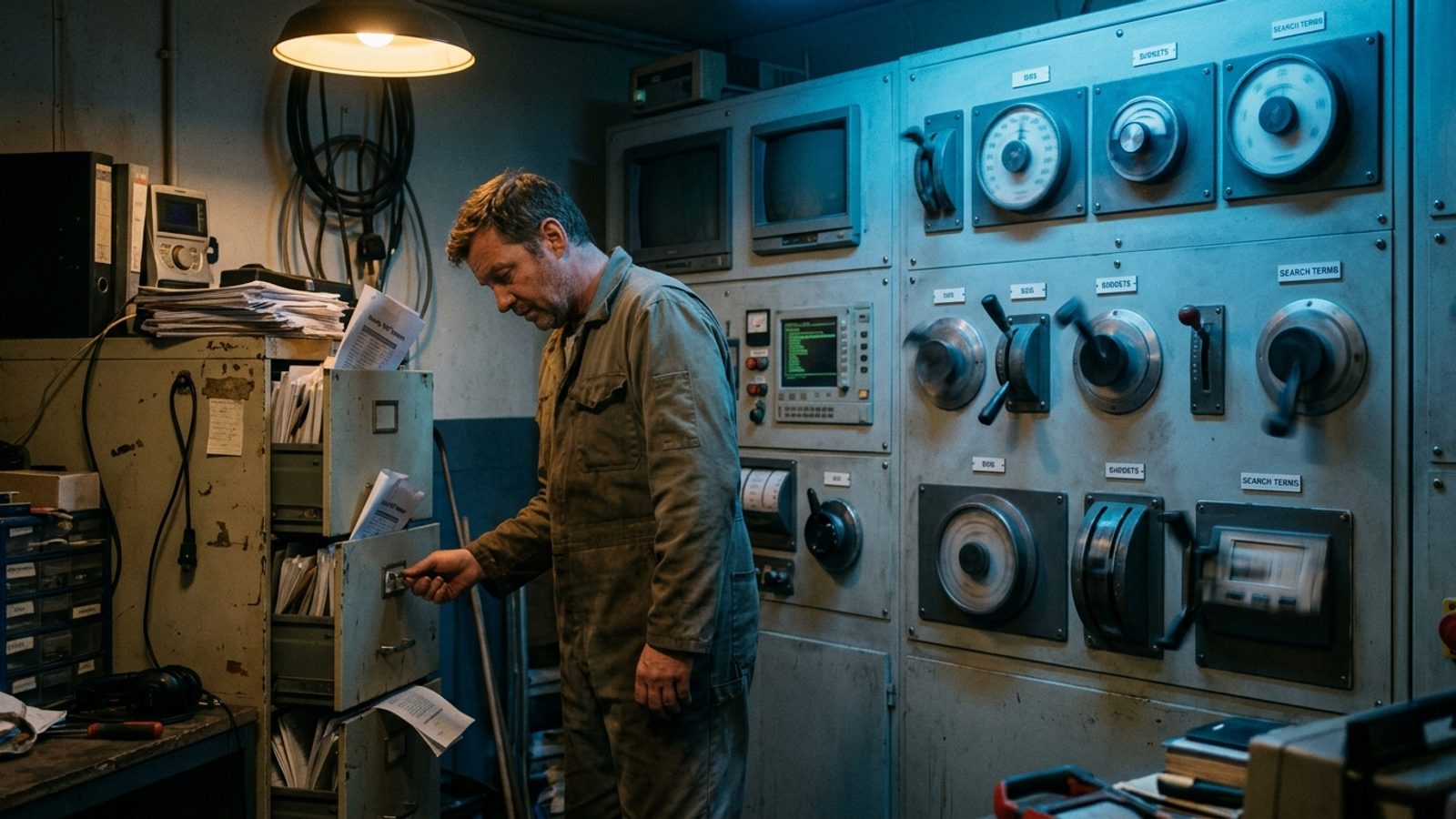 Small business owner locking a filing cabinet full of unread monthly reports while a wall of dials behind him adjusts itself