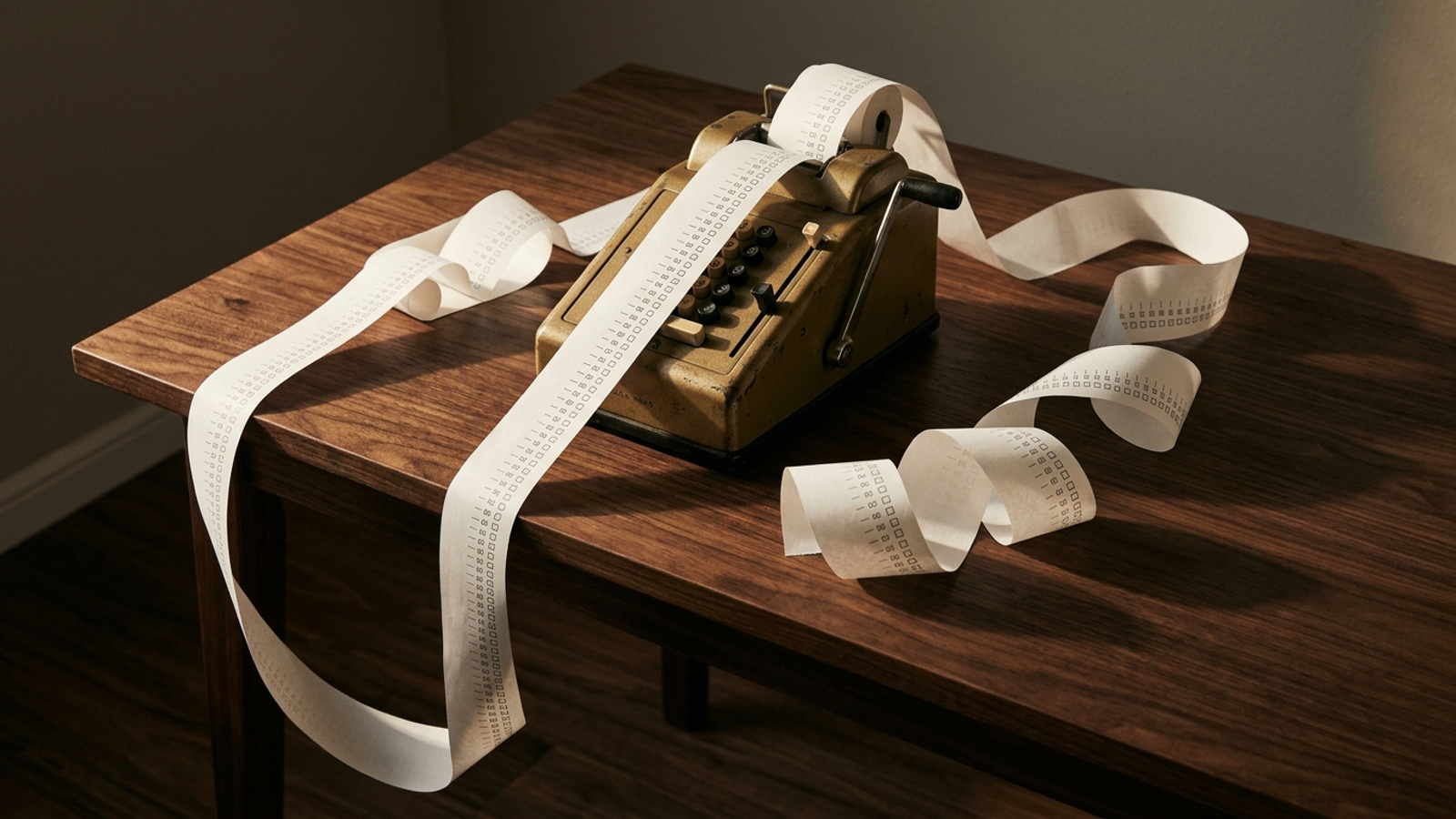 A billing receipt stretches across a desk, filled with checklist items instead of dollar totals