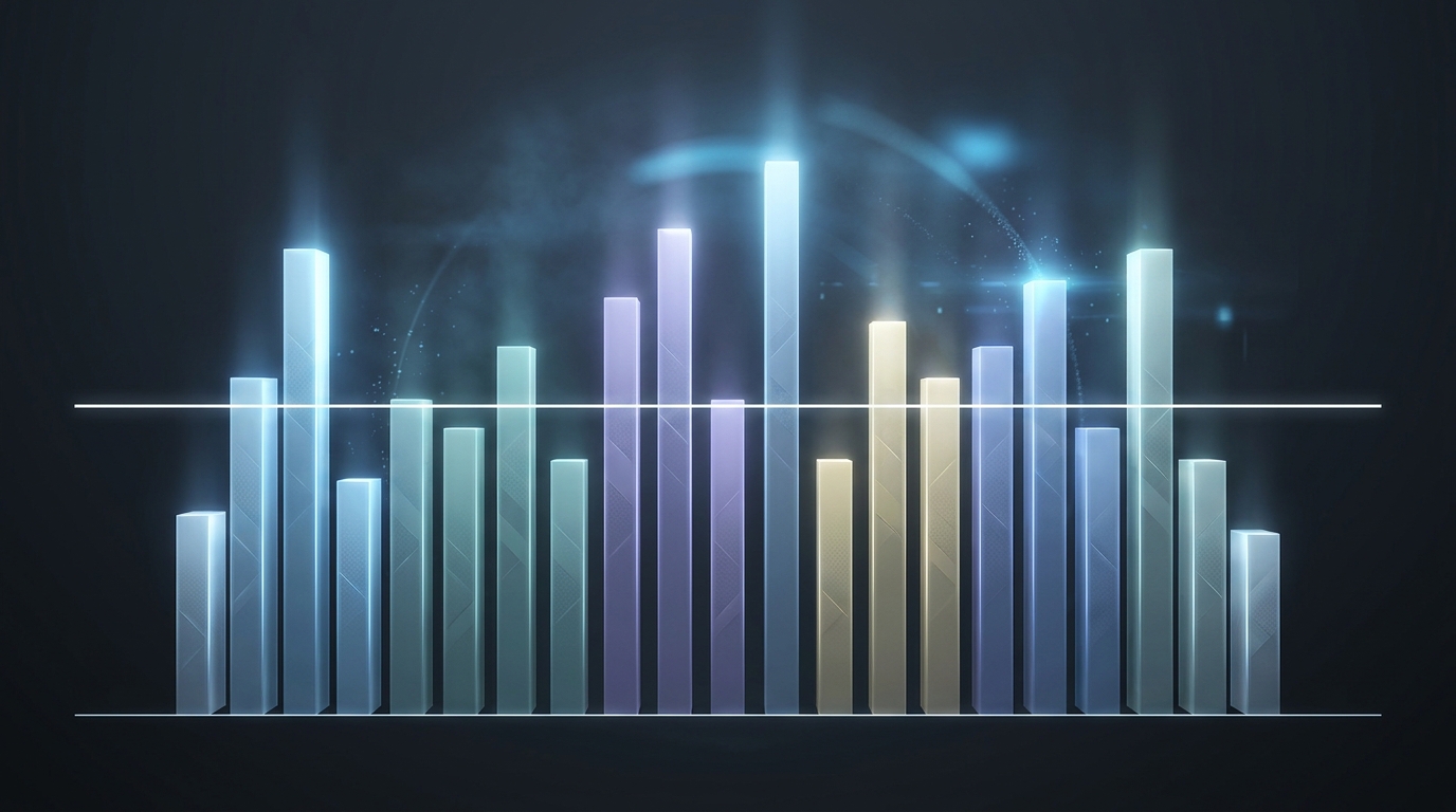 Conceptual editorial illustration of multiple industry verticals represented as glowing bar charts on a dark background, symbolizing Google Ads performance benchmarks across sectors