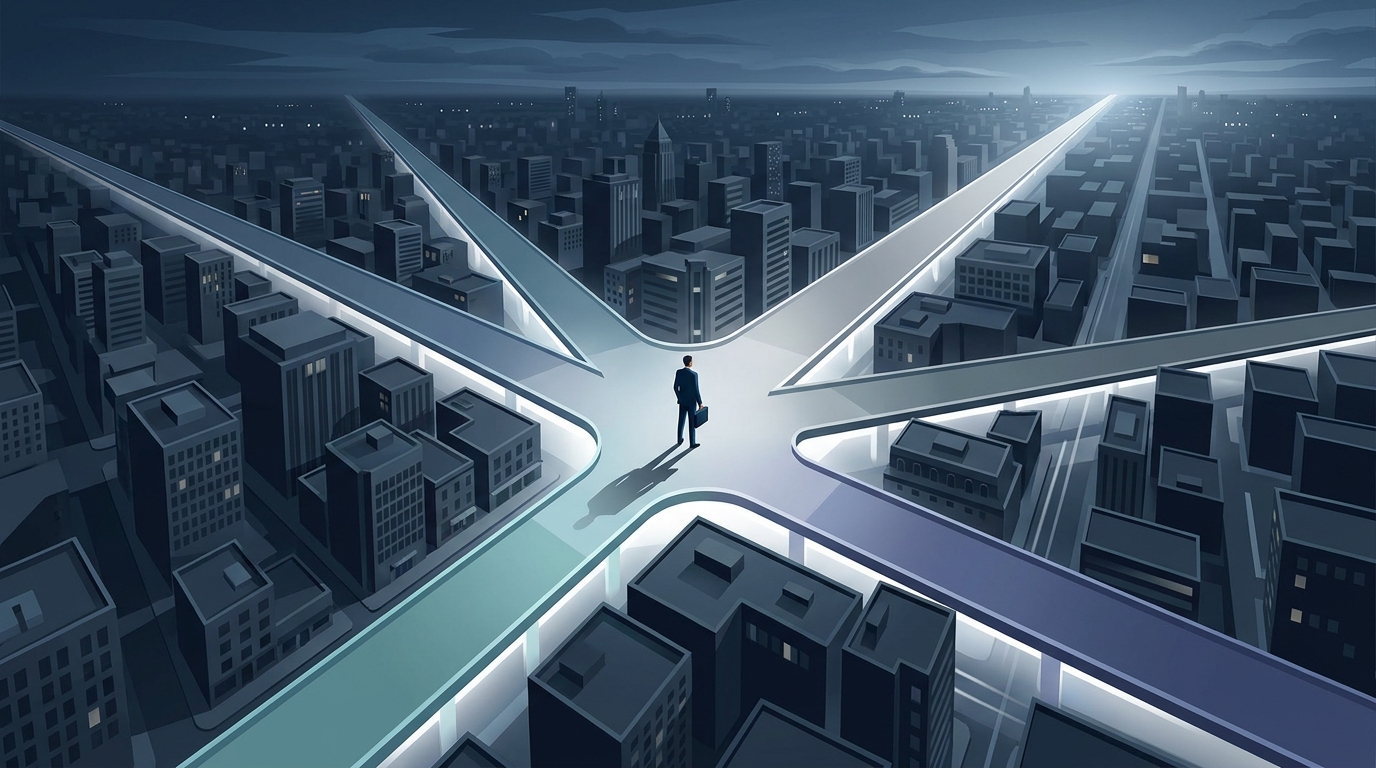 A solitary figure at a crossroads of illuminated paths branching into multiple directions, set against a deep navy dusk sky with cool city light reflections.