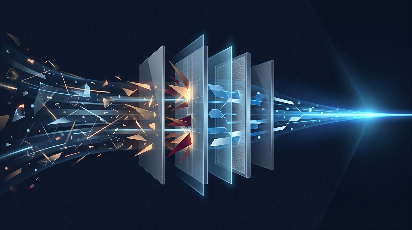 Abstract editorial illustration of a filtering system with geometric shapes being sorted and blocked, representing negative keyword strategy in Google Ads campaigns.