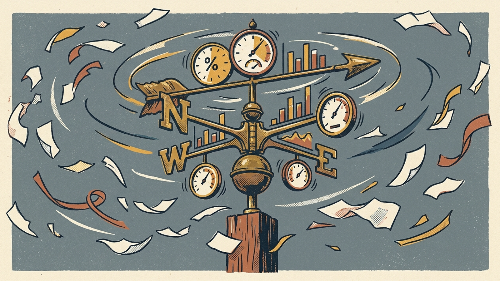 Illustration of percentage dials and bar charts on a weather vane spinning in the wind.