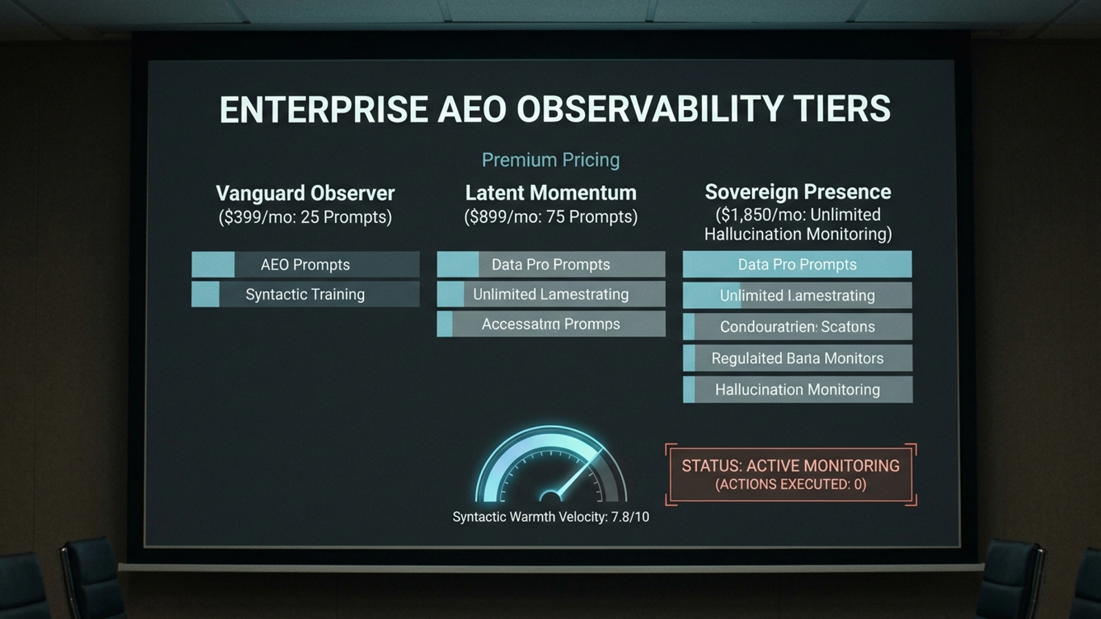 A slide showing three AI monitoring subscription tiers beside a widget reading “Zero actions taken.”