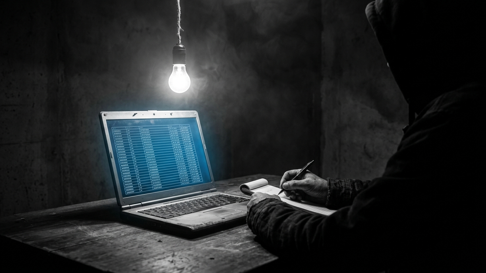 Interrogation lamp over a laptop showing a Google Ads change history log