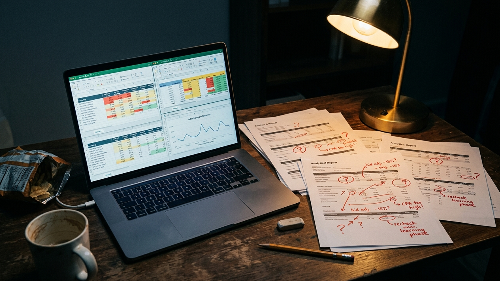 Laptop displaying ad performance data beside annotated reports and crossed-out bid targets.