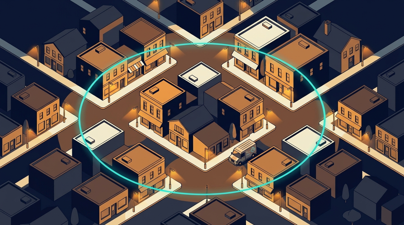 Aerial view of a small-town street grid with a glowing radius circle highlighting a local neighborhood, symbolizing hyper-local Google Ads targeting.