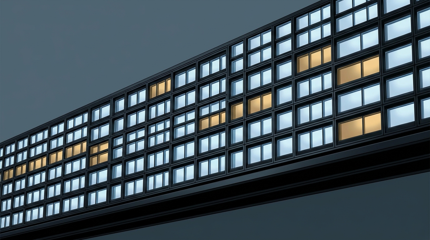 A structured grid of illuminated inspection panels arranged in a wide editorial composition, symbolizing a systematic Google Ads account audit process.