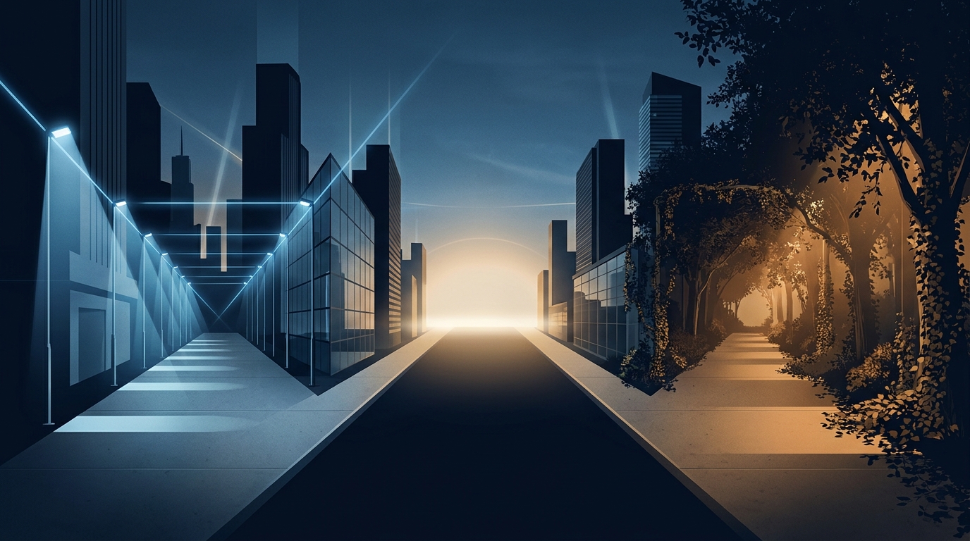 Two diverging paths through a modern cityscape at dusk, one illuminated by bright paid spotlights, the other growing organically with lush greenery, symbolizing Google Ads vs SEO.