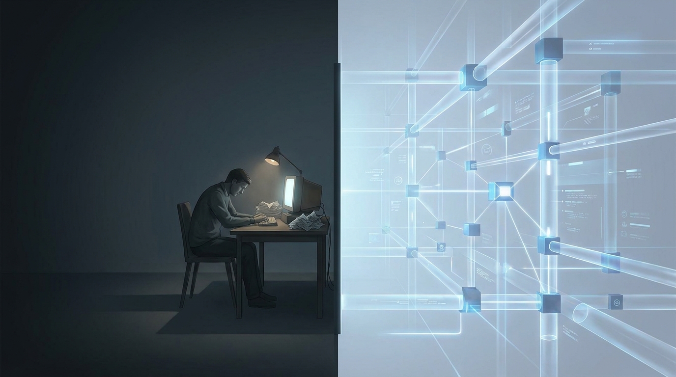 A sharp visual contrast between a lone figure at a desk with scattered papers and a sleek automated system of interconnected glowing nodes, symbolizing freelancer vs autonomous management