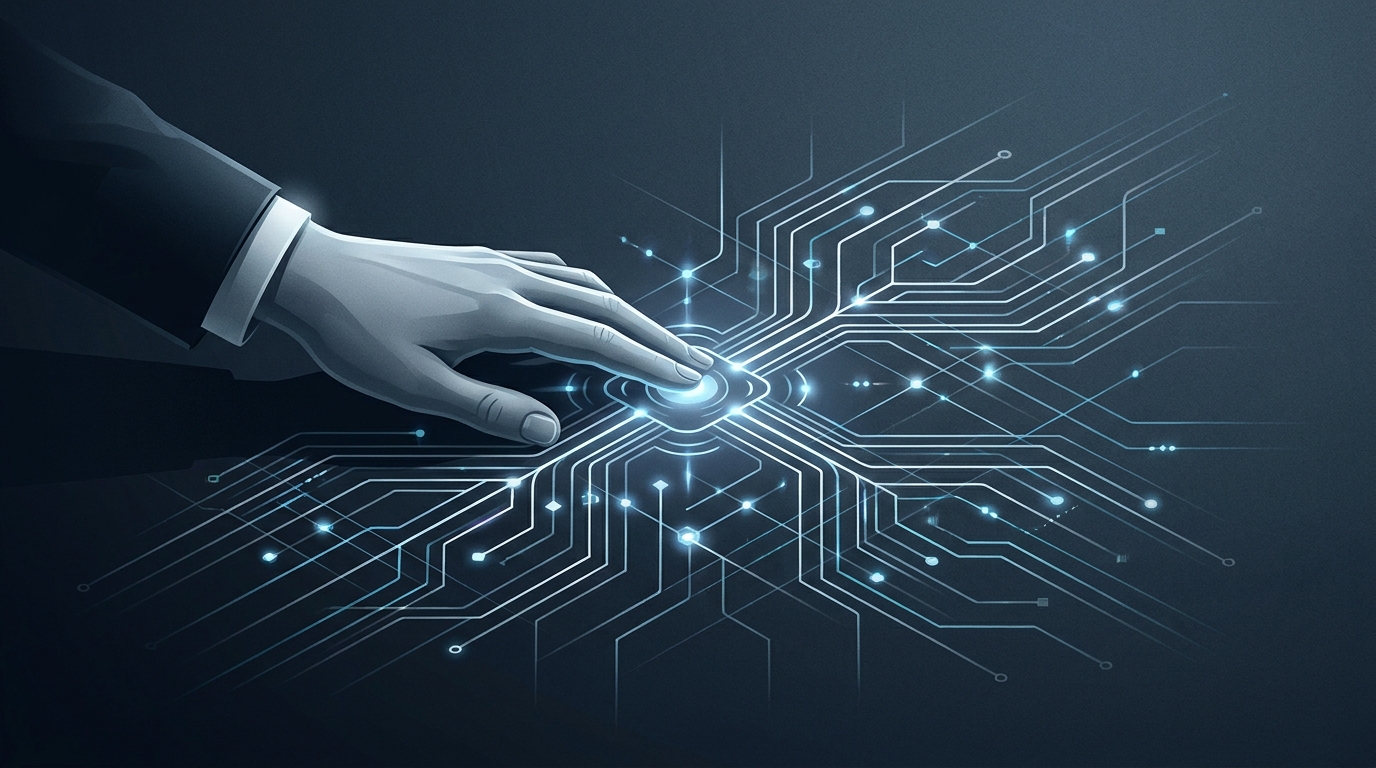 A human hand and a glowing AI node jointly guide a luminous network of interconnected campaign paths across a dark, high-contrast landscape