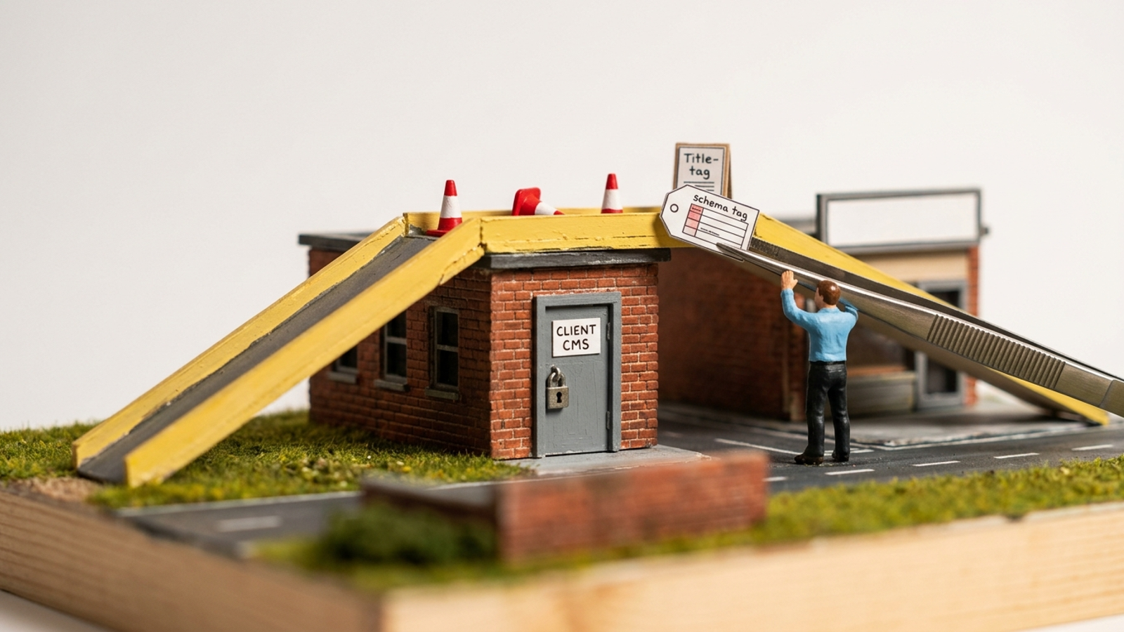 Tiny highway overpass routing around a blocked office door to fix a shop sign