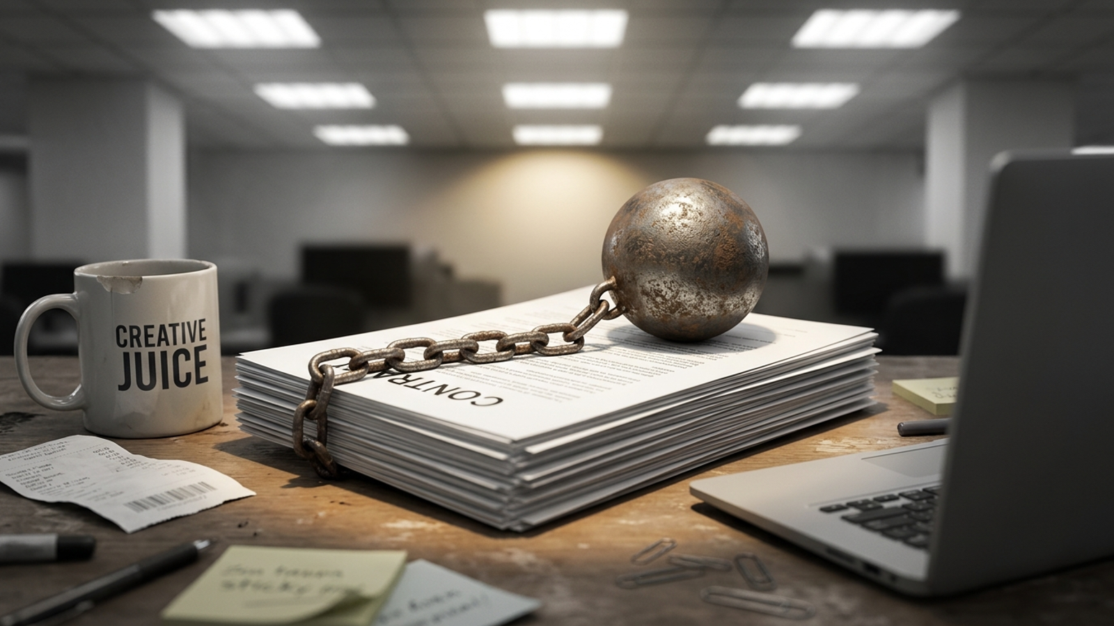 Contract with a ball and chain on an agency desk beside a coffee mug