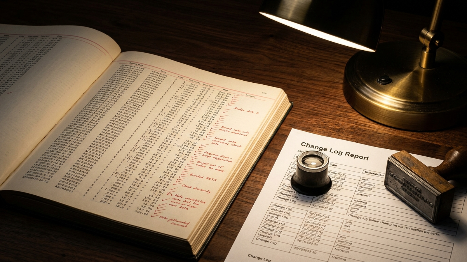 Paper ledger, inspection loupe, red checkmarks, and printed change logs on a desk