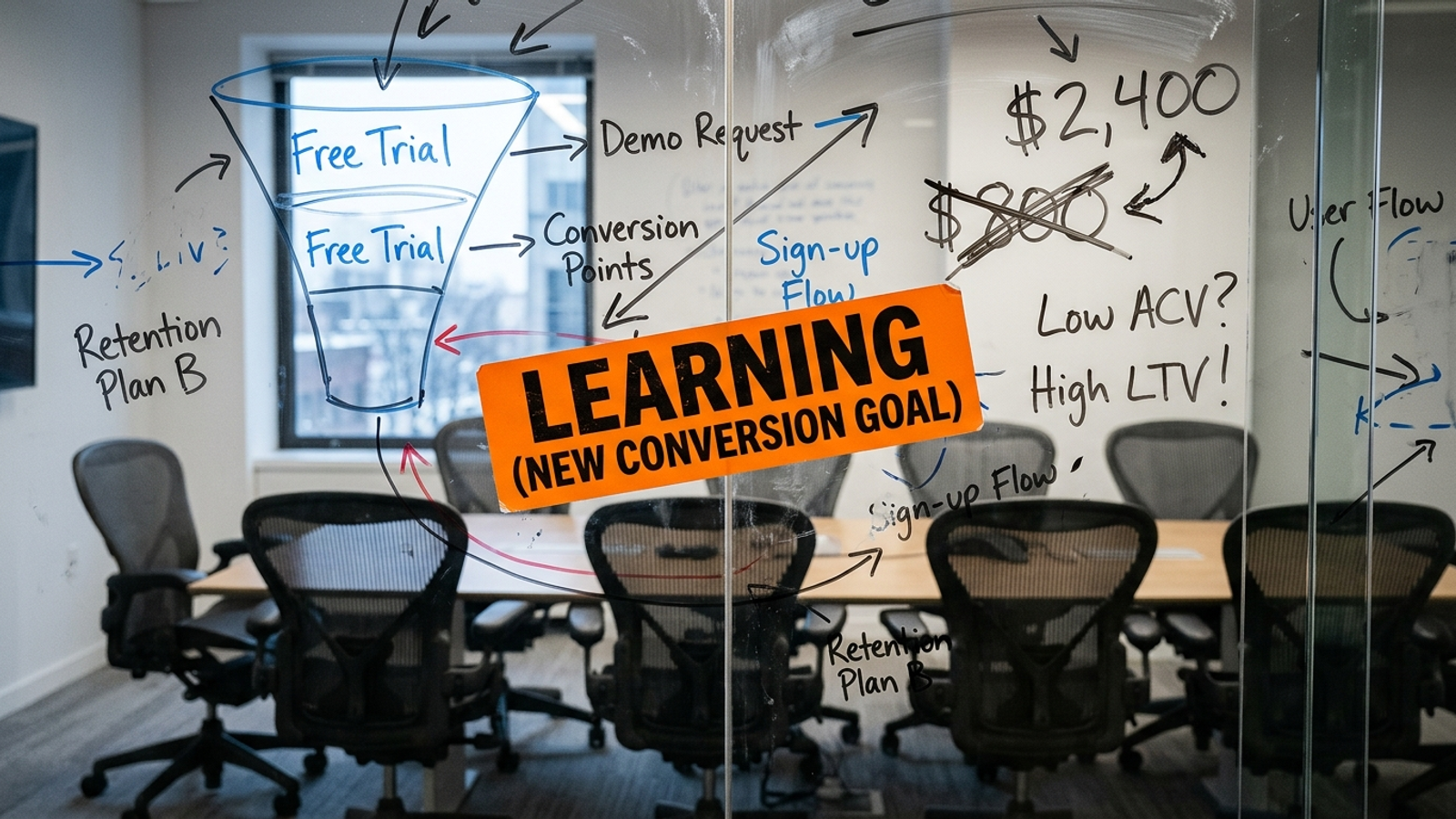 Erased and rewritten marketing funnels on a startup whiteboard, with an orange status alert.