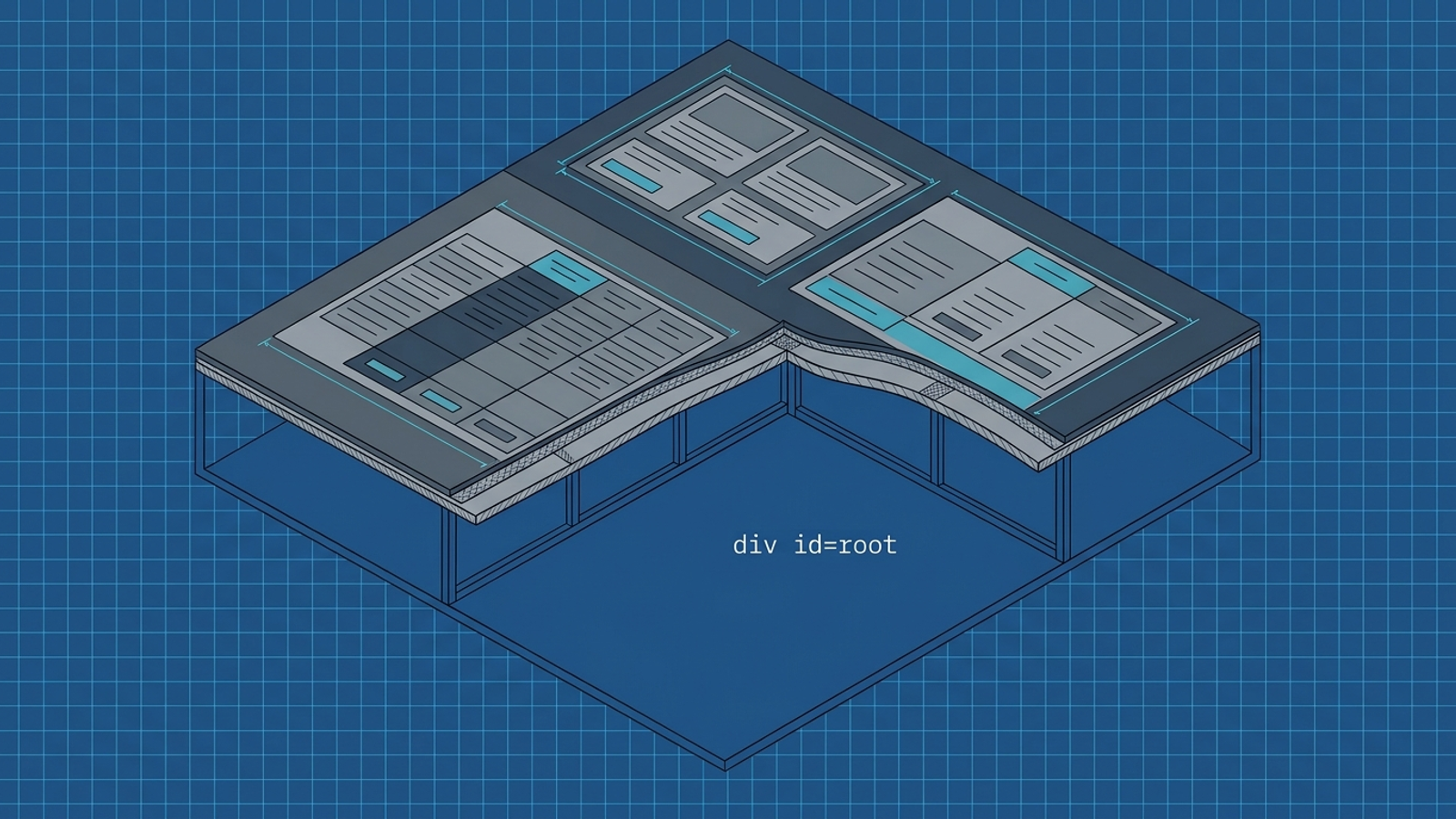 Cutaway illustration of a webpage showing a complete visual design above an empty client-side DOM container.