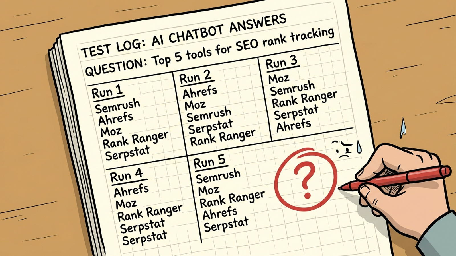 Cartoon lab notebook showing repeated AI answers with tally marks for brand mentions