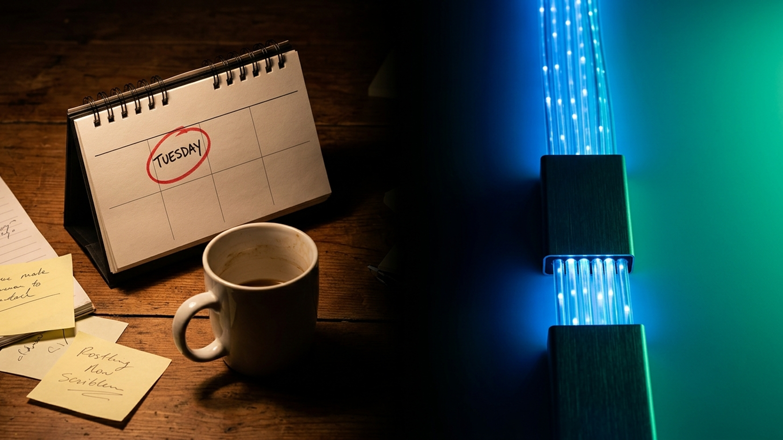 A cluttered desk with a circled calendar date beside a stream of optical-fiber conduits.