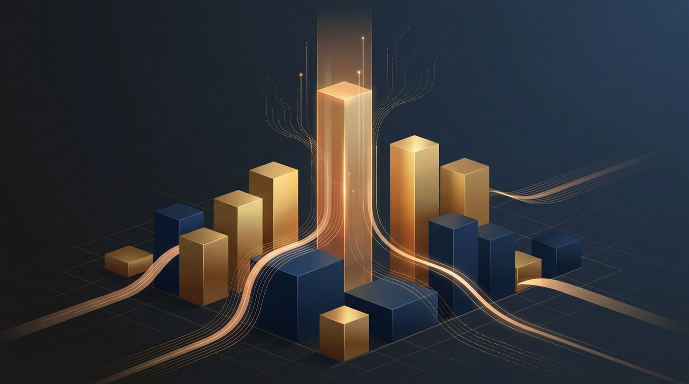 Abstract editorial illustration of geometric budget allocation blocks and flow paths in a high-contrast blue and gold palette, representing structured ad spend planning