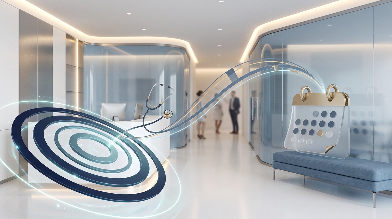 A modern medical practice reception desk with soft clinical lighting, overlaid with abstract geometric targeting rings suggesting precision digital patient acquisition