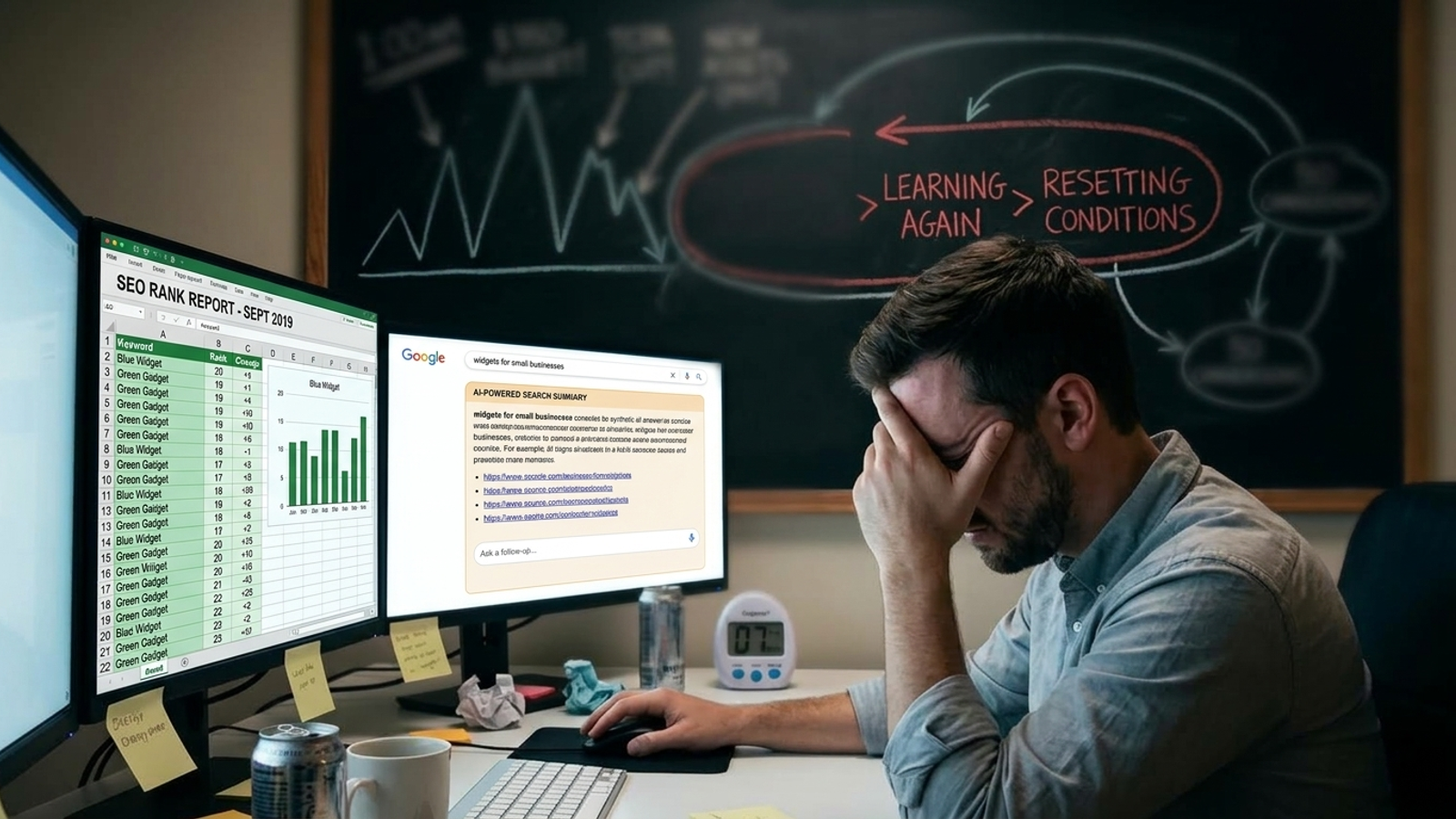 A keyword ranking spreadsheet eclipsed by an AI-generated search answer.
