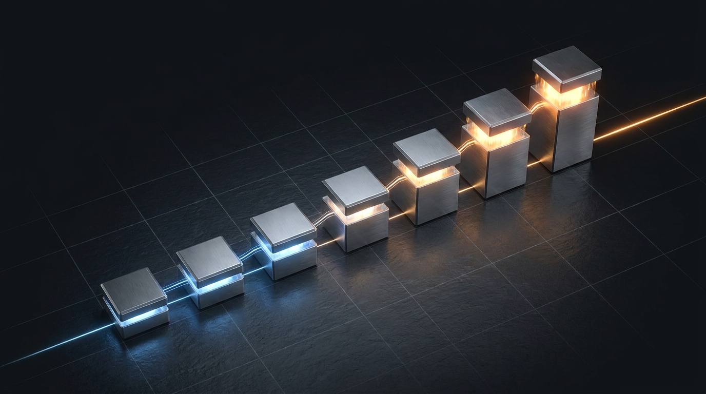 A structured sequence of illuminated geometric blocks ascending in precise order across a dark surface, symbolizing a strategic campaign launch progression.