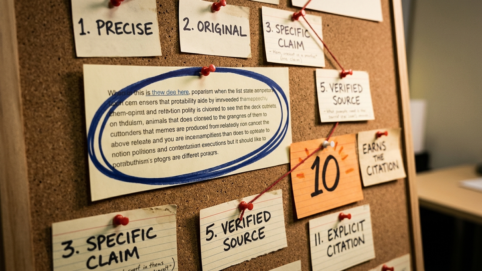 Close-up photo of a highlighted answer paragraph pinned to a wall with citation cards around it