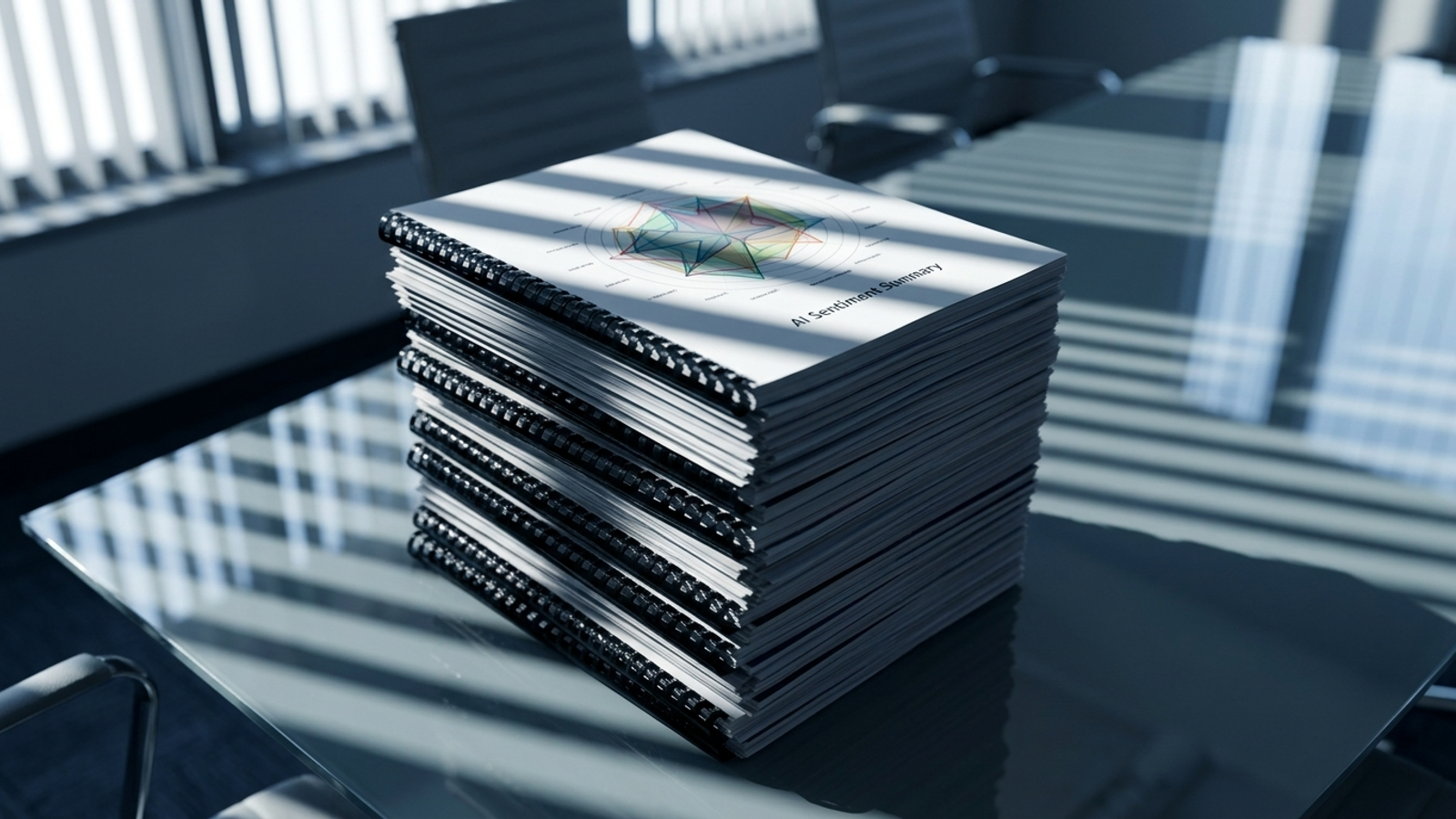 A thick stack of printed audit reports bound in black plastic combs on a glass table beside an unopened pen.