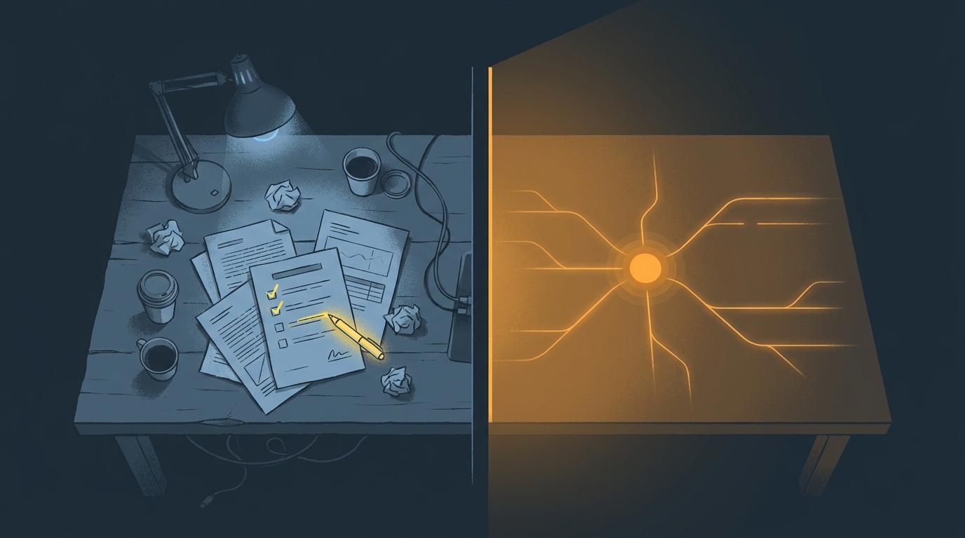 A split-scene editorial illustration showing a cluttered desk with scattered recommendation printouts on one side versus a sleek, orchestrated control environment on the other