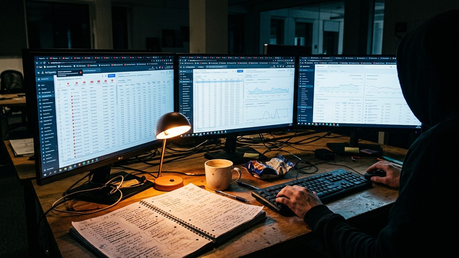 A dark office desk with three monitors showing open tabs and approval notifications, capturing the manual grind of multi-account ad management.