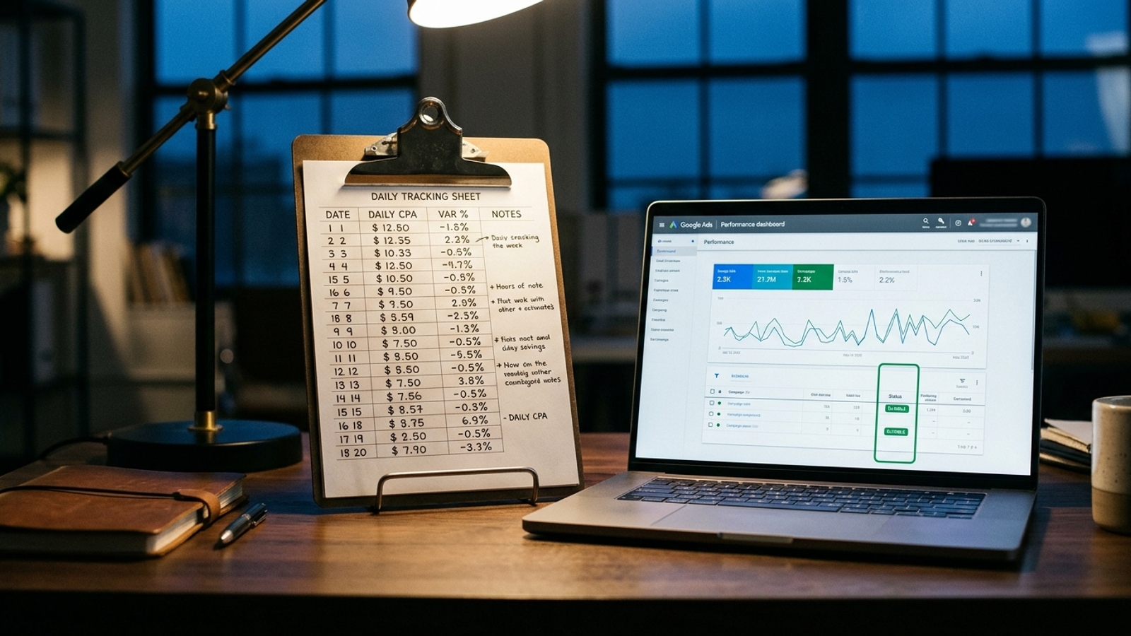 A clipboard of daily variance calculations beside a laptop showing Google Ads metrics.