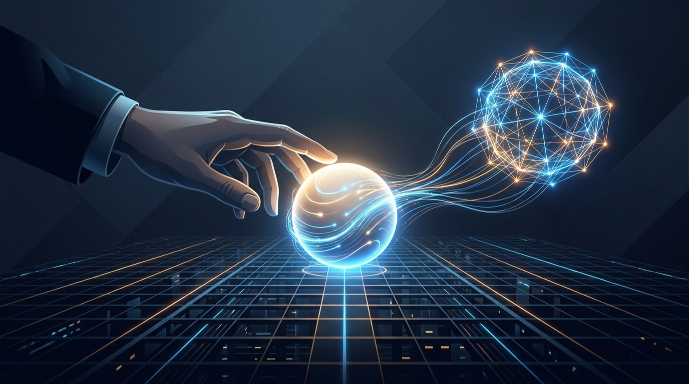A human hand and a glowing AI node jointly hold a luminous control sphere above a vast dark grid, symbolizing the fusion of human strategy and autonomous AI execution.