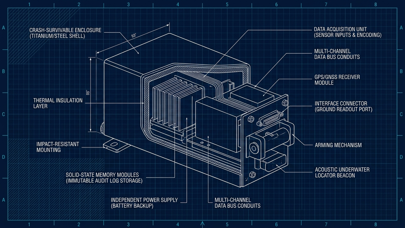 A blueprint-style cutaway of an aviation flight data recorder on a navy grid.