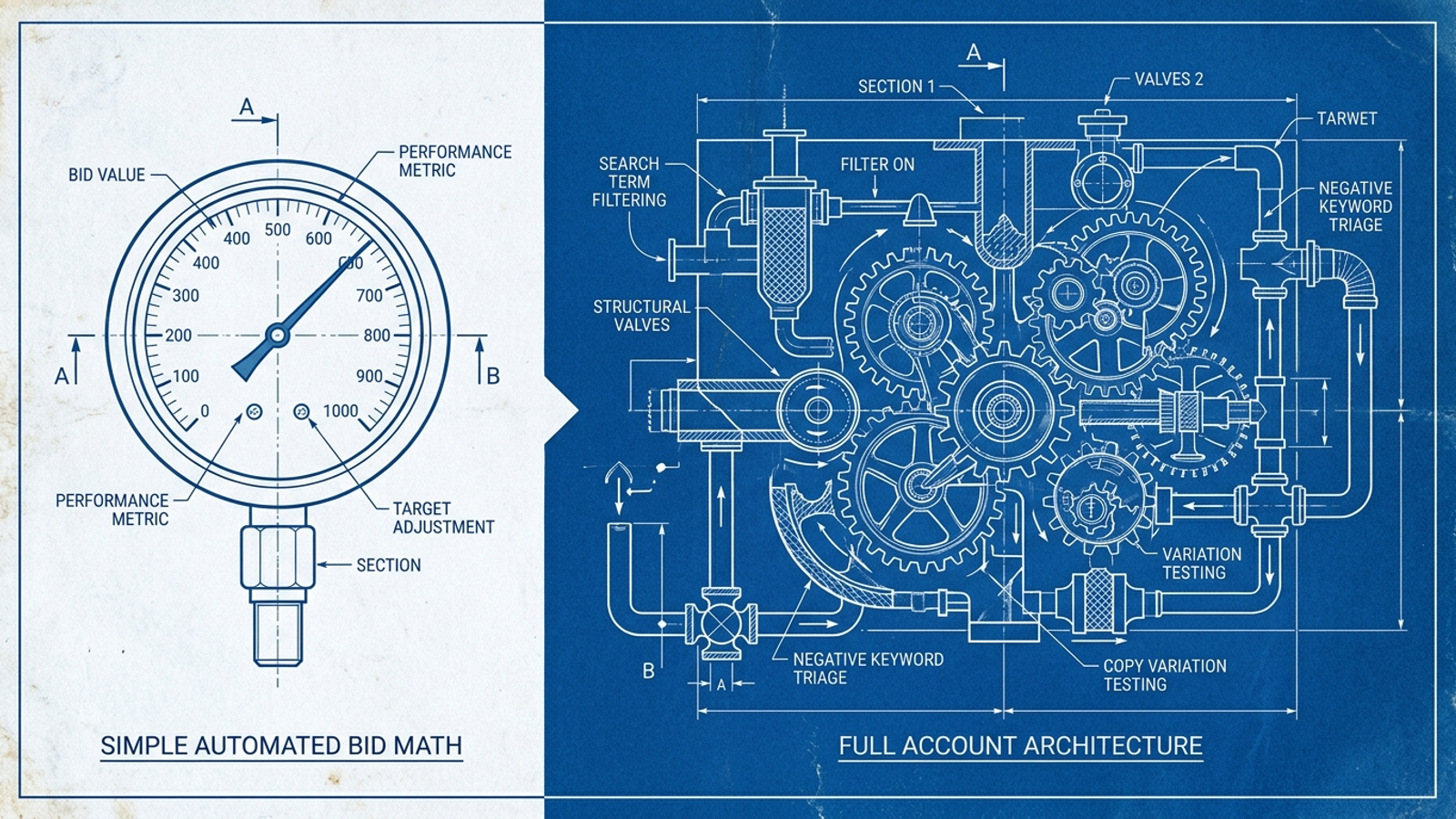 Diagram contrasting auction-time bidding with broader campaign management