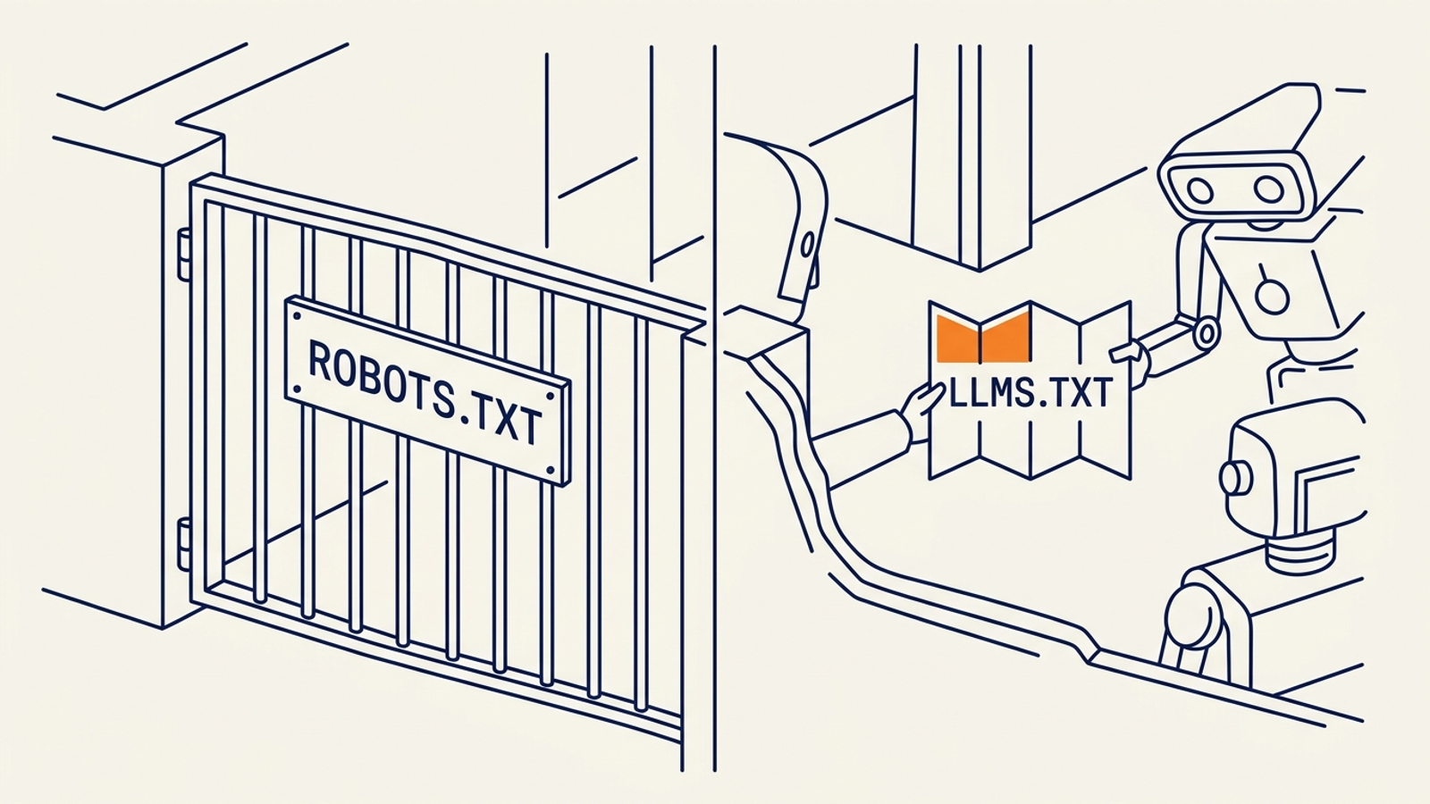Minimalist diagram of a small llms.txt map beside a large robots.txt gate