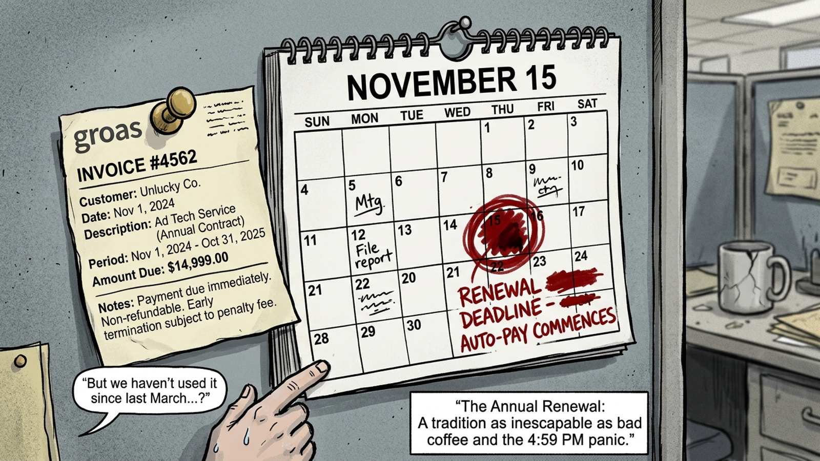 Office wall calendar with a contract renewal date circled in red