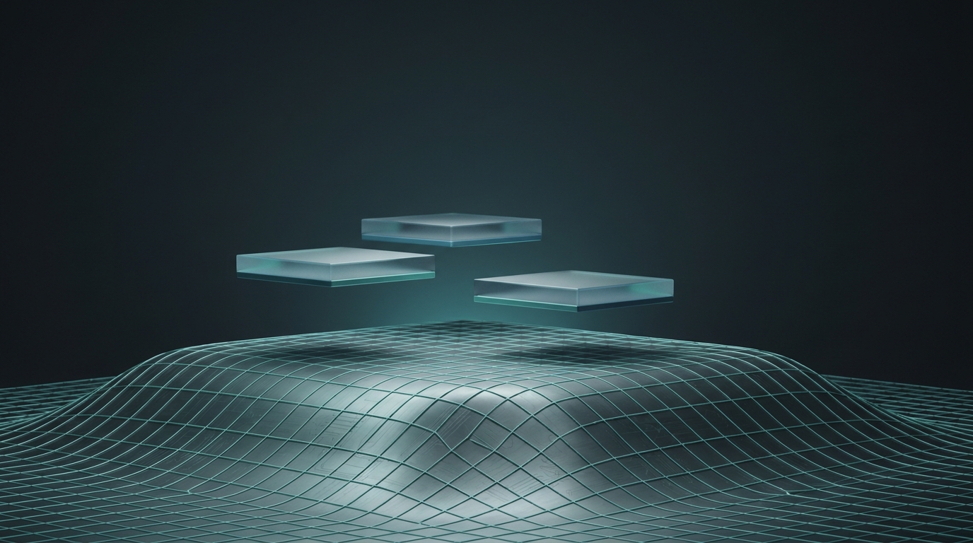 Abstract 3D editorial illustration of a glowing teal topographic surface plateau with suspended geometric warning indicators on a deep slate background