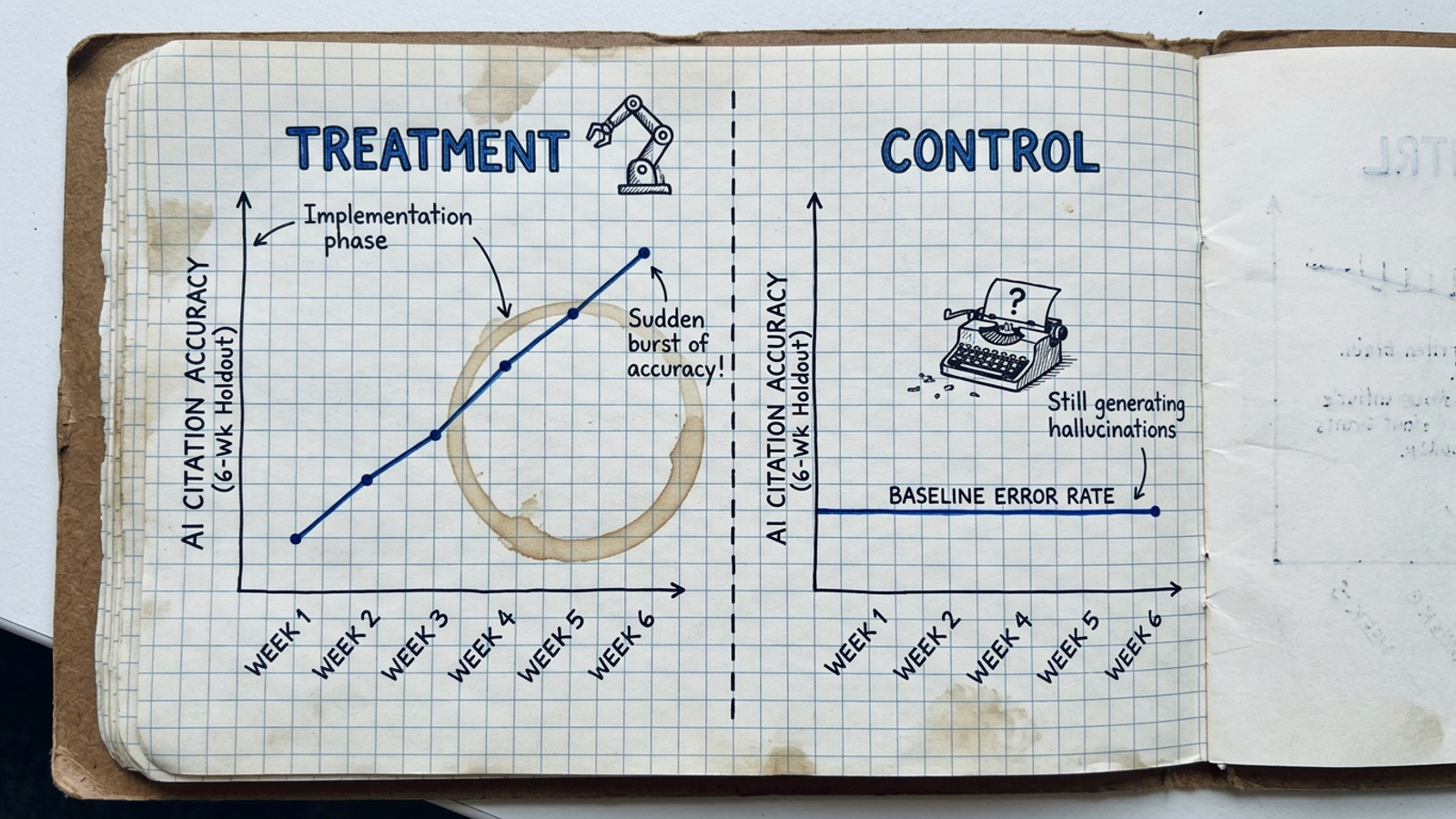Lab notebook split showing treatment pages climbing while control pages stay flat
