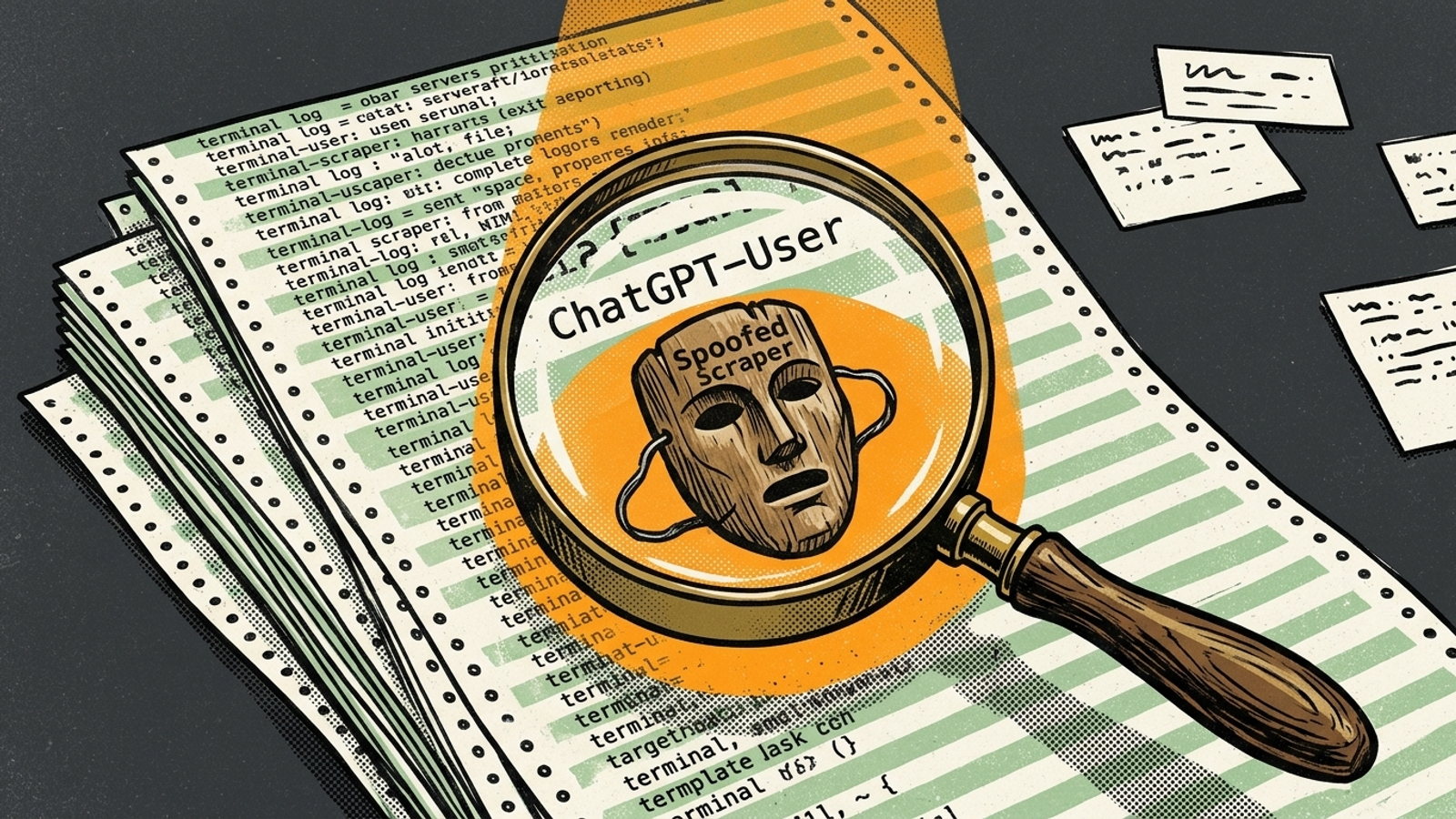Magnifying glass over a server log, revealing a spoofed bot user-agent