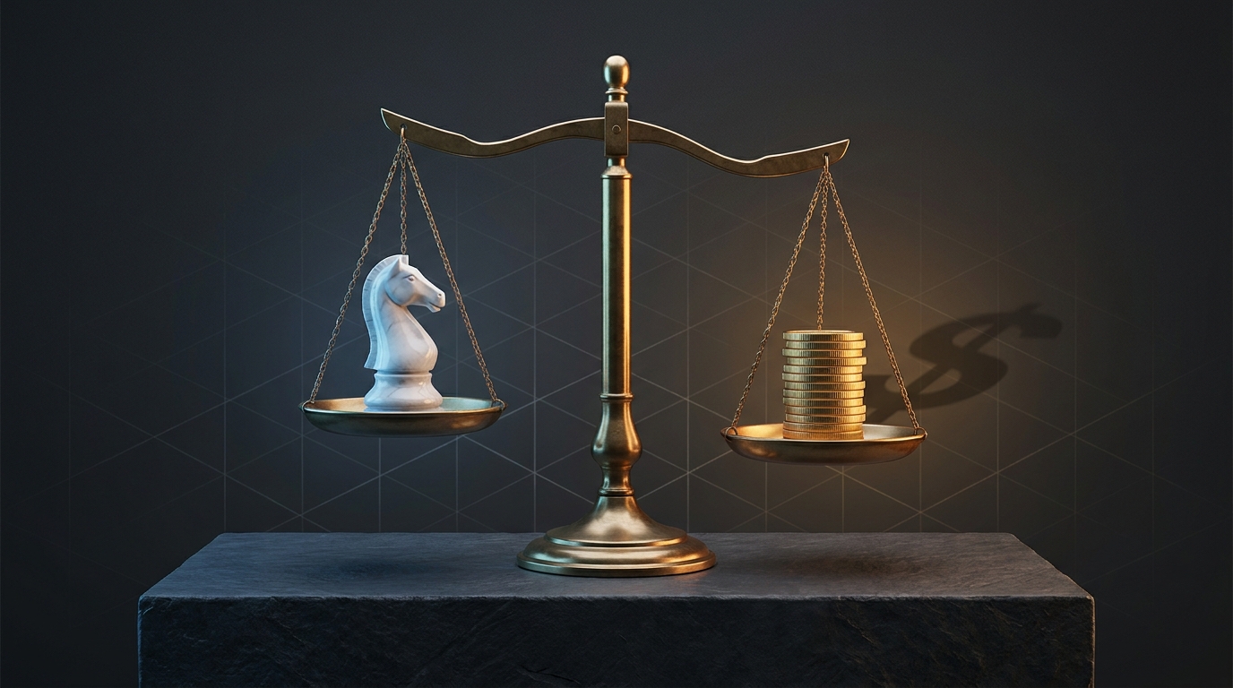 A scale weighing a single chess piece against a stack of coins, set against a cool dark background with dramatic side lighting