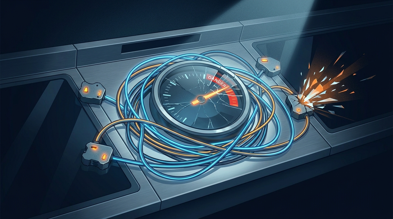 A fragile budget meter cracking under pressure amid tangled wires and misfiring signal nodes, symbolizing costly Google Ads campaign launch mistakes