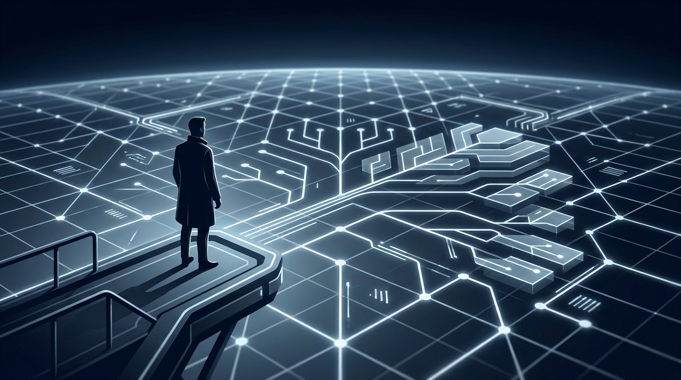 Abstract editorial illustration of layered automation systems with a human strategist overseeing AI-driven search network nodes in cool blue and white tones