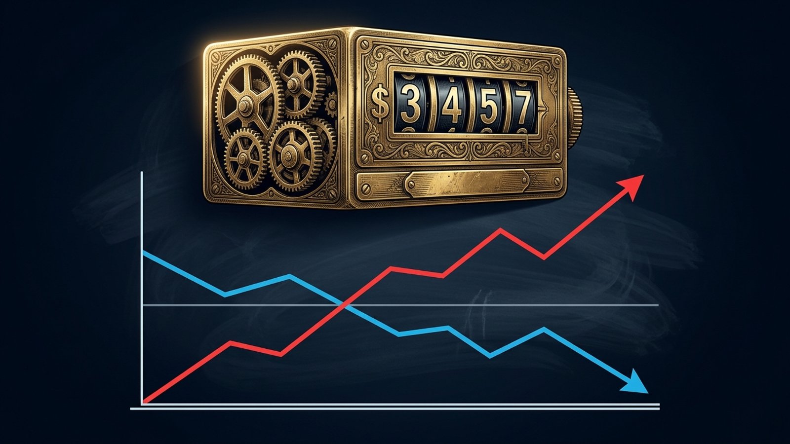 A brass taxi meter rising beside a declining advertising profit line.